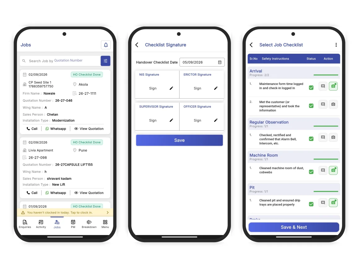 ElevatorPlus mobile app showing job list, job card checklist, and signature capture