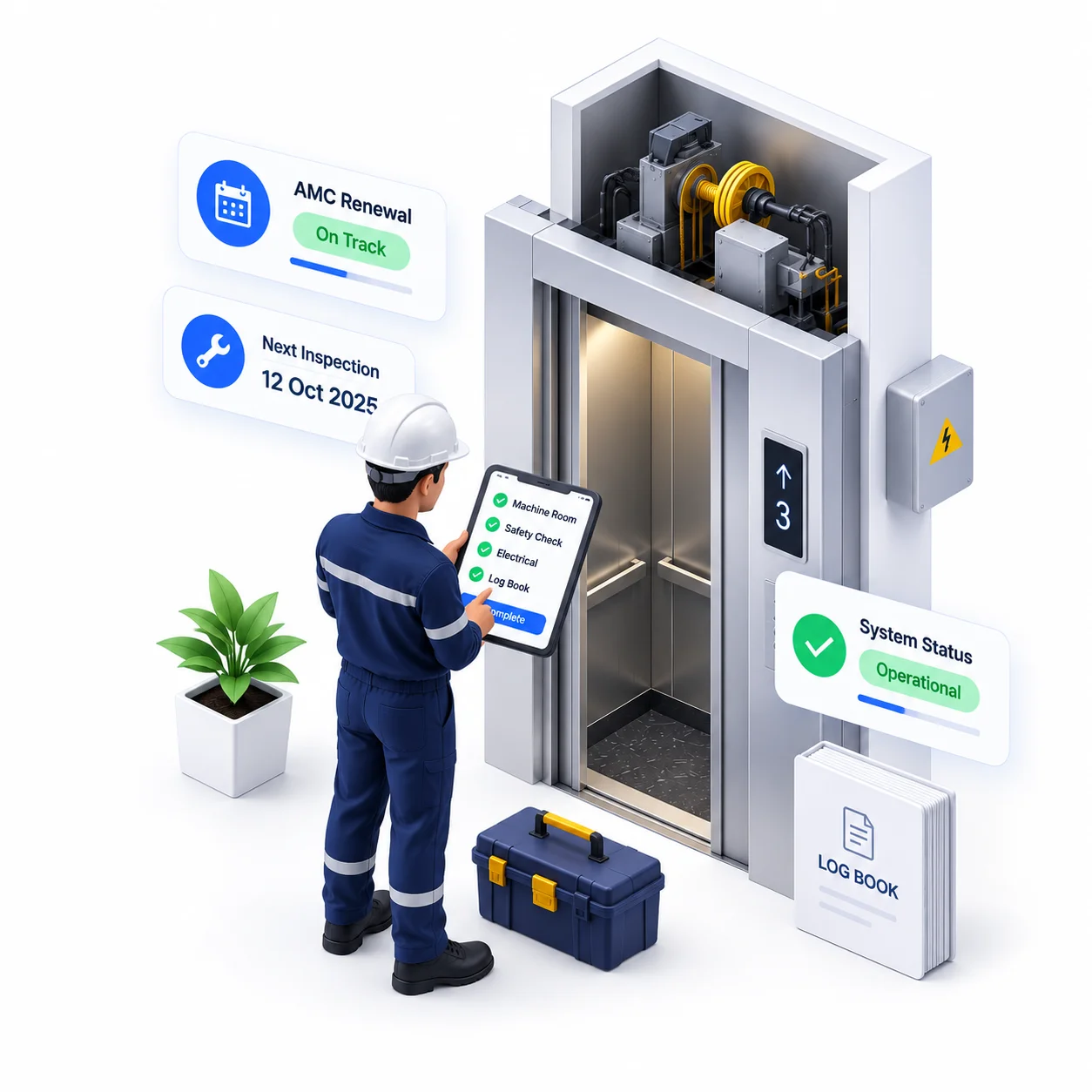 Lift technician checking a job on his phone in a machine room.